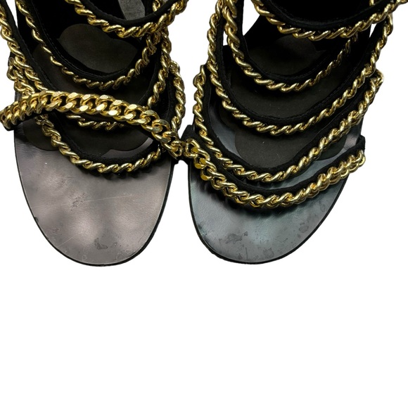 Guiseppe Zanotti Black Suede Gold Chain Gladiator Sandals Size 40 Open Toe Heels - Picture 5 of 13